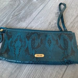 Perlina Wristlet in Teal Snake print Leather